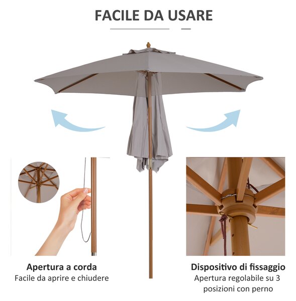 Outsunny Ombrellone da Giardino a 6 Stecche in Legno e Tessuto Poliestere, 2.5x2.3m, Grigio|Aosom