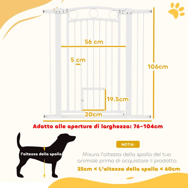 PawHut Cancellino per Cani Regolabile da 76-104 cm, Cancelletto Alto 106 cm con 2 Estensioni, Bianco