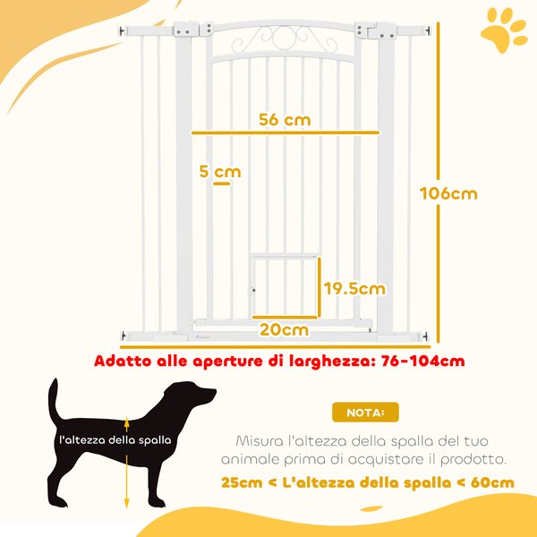 PawHut Cancellino per Cani Regolabile con Estensioni e Porta per Gatti, 76-104x106cm, Bianco