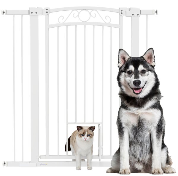 PawHut Cancellino per Cani Regolabile con Estensioni e Porta per Gatti, 76-104x106cm, Bianco