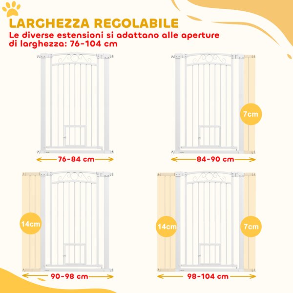 PawHut Cancellino per Cani Regolabile con Estensioni e Porta per Gatti, 76-104x106cm, Bianco