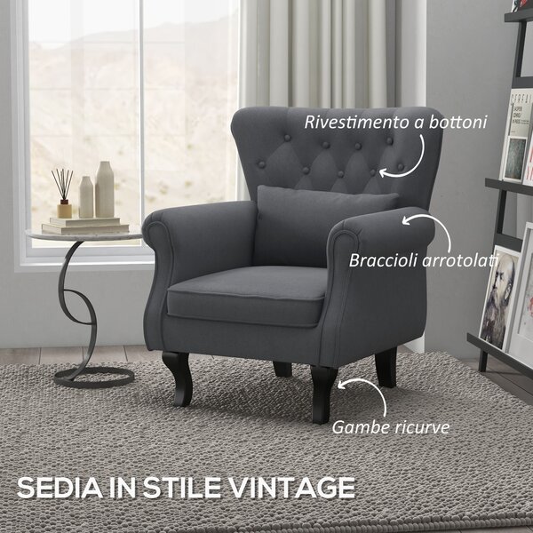 HOMCOM Poltrona da Salotto Vintage in Tessuto con Cuscino Lombare e Imbottitura, Grigio Scuro|Aosom
