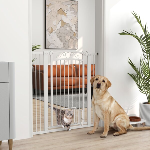 PawHut Cancellino per Cani Regolabile con Estensioni e Porta per Gatti, 76-104x106cm, Bianco