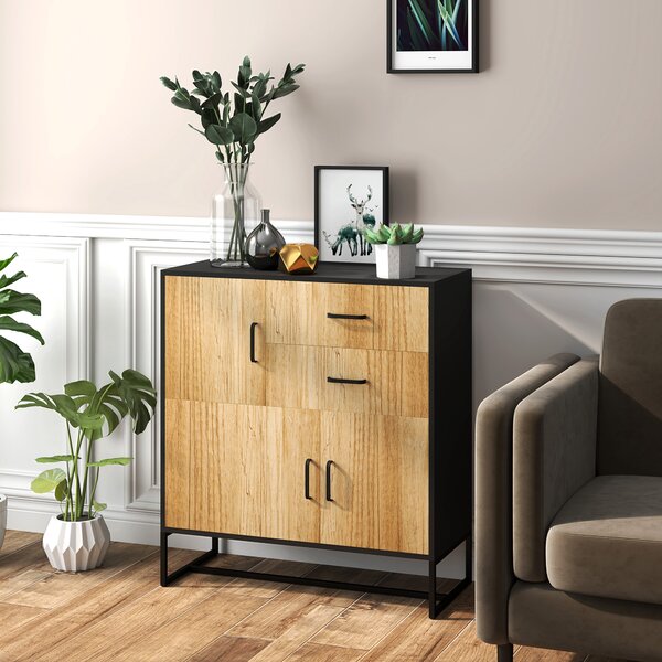 HOMCOM Credenza Moderna con 3 Armadietti e 2 Cassetti, in Truciolato e Acciaio, 80x35x88 cm, Nero e color Legno