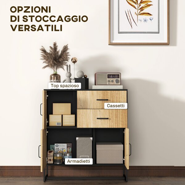 HOMCOM Credenza Moderna con 3 Armadietti e 2 Cassetti, in Truciolato e Acciaio, 80x35x88 cm, Nero e color Legno