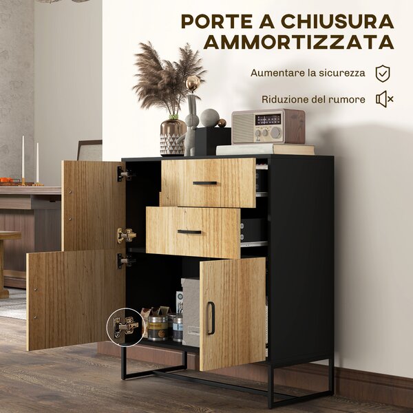 HOMCOM Credenza Moderna con 3 Armadietti e 2 Cassetti, in Truciolato e Acciaio, 80x35x88 cm, Nero e color Legno