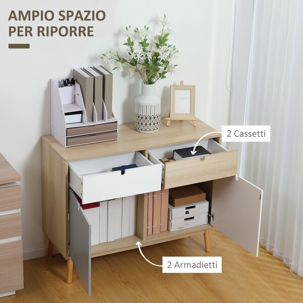 HOMCOM Mobile Multiuso Stile Nordico, Armadietto Due Ante con Cassetti per Cucina e Ingresso, 100x40x79.5cm, Multicolore