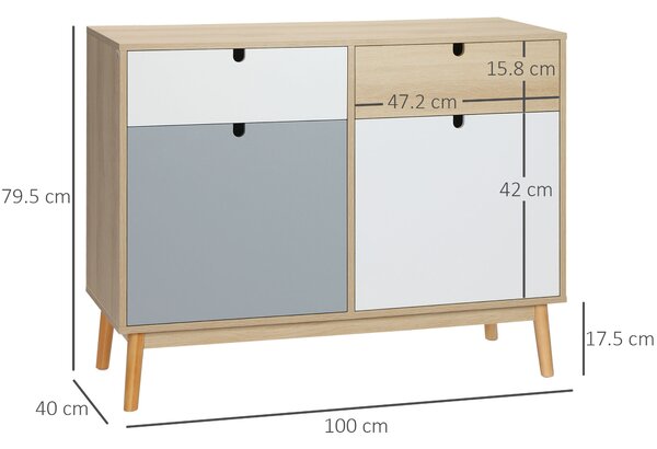 HOMCOM Mobile Multiuso Stile Nordico, Armadietto Due Ante con Cassetti per Cucina e Ingresso, 100x40x79.5cm, Multicolore