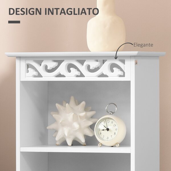 Homcom Armadietto da Terra per Bagno in Legno con Decoro Intaglio Floreale Bianco 40 x 23 x 80cm