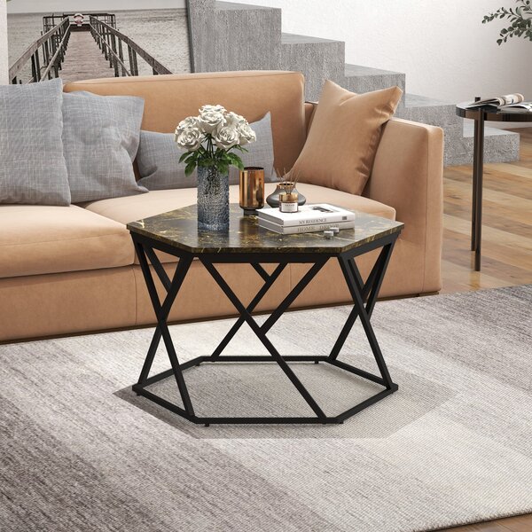 HOMCOM Tavolino da Salotto Moderno con Piano Effetto Marmo e Struttura in MDF e Acciaio, 81x70x51.2 cm, Nero|Aosom