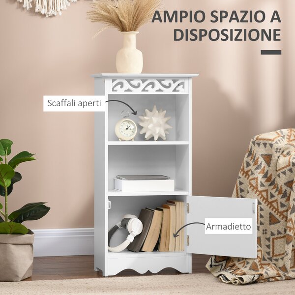 Homcom Armadietto da Terra per Bagno in Legno con Decoro Intaglio Floreale Bianco 40 x 23 x 80cm