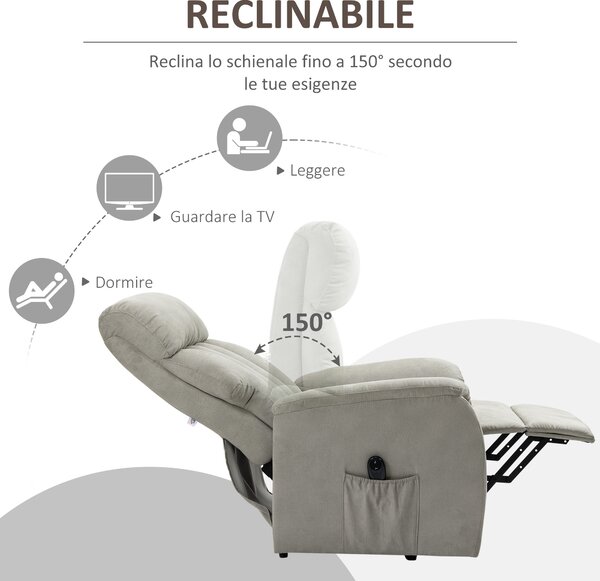 HOMCOM Poltrona Alzapersona Reclinabile 150° max con Telecomando e Poggiapiedi, 75x93x110 cm, Grigio | Aosom Italy