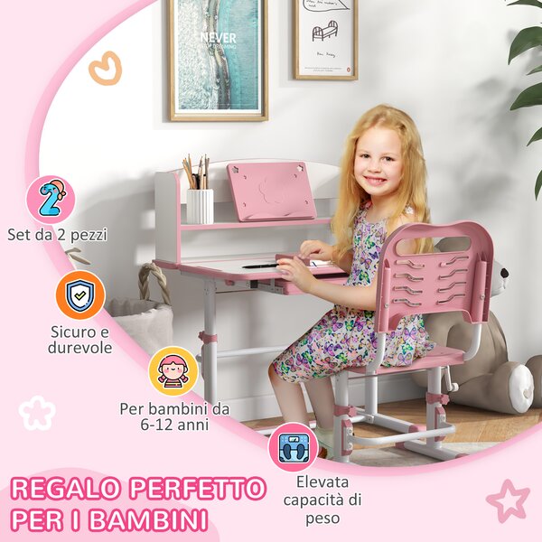 ZONEKIZ Set Tavolo e Sedie per Bambini 6-12 Anni con Altezza Regolabile e Piano Inclinabile a 45°, cassetto e scaffale, in acciaio e MD|Aosom Italy