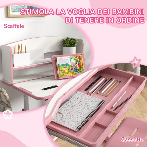ZONEKIZ Set Tavolo e Sedie per Bambini 6-12 Anni con Altezza Regolabile e Piano Inclinabile a 45°, cassetto e scaffale, in acciaio e MD|Aosom Italy