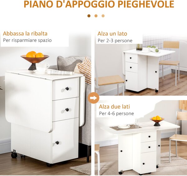 HOMCOM Tavolo a Ribalta per 6 Persone max con 2 Cassetti, Armadietto e Ripiano, in Truciolato, 120x60x76.5 cm, Bianco|Aosom
