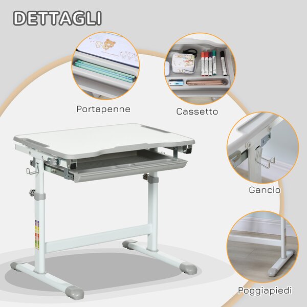 HOMCOM Banco Scuola per Bambini 6-12 Anni con Sedia e Altezza Regolabile, Piano Inclinabile, 66x47x52-77 cm, Grigio