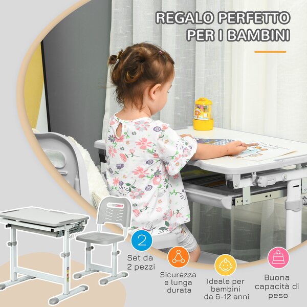 HOMCOM Banco Scuola per Bambini 6-12 Anni con Sedia e Altezza Regolabile, Piano Inclinabile, 66x47x52-77 cm, Grigio