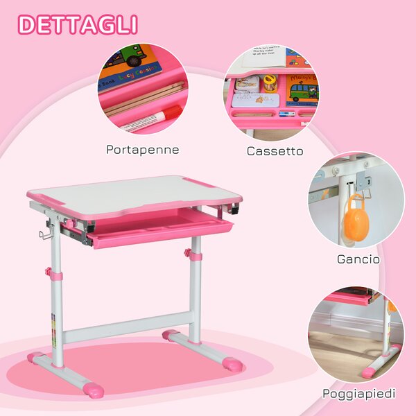 HOMCOM Banco Scuola per Bambini 6-12 Anni con Sedia e Altezza Regolabile, Piano Inclinabile, 66x47x52-77 cm, Rosa