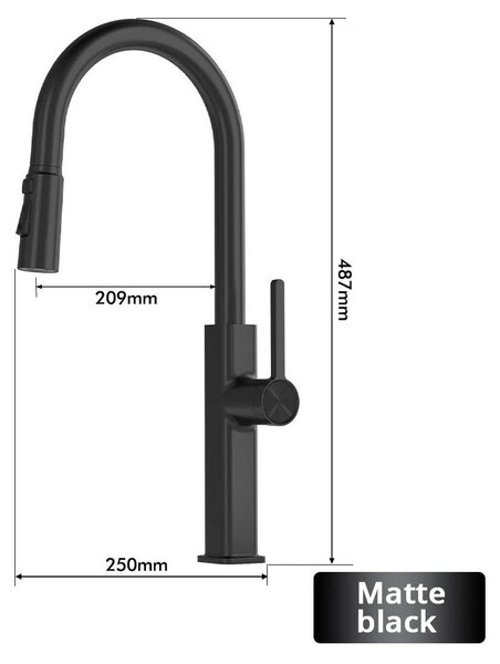 Miscelatore per lavello da cucina - Montaggio monoblocco - Girevole a 360° - Doccetta estraibile - 2 tipi di getto - Acqua calda e fredda - Ottone - Nero opaco