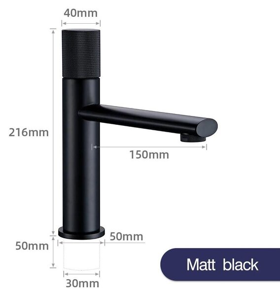 Miscelatore monocomando per lavabo - Corpo in ottone - Finitura nera opaca - Comando monoleva - Montaggio a incasso (1 foro) - Miscelatore per acqua calda e fredda