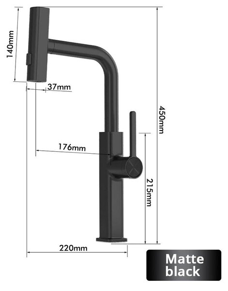 Miscelatore per lavello da cucina con doccetta estraibile - Montaggio a foro singolo - Miscelatore monocomando - Acqua calda e fredda - Ottone girevole - Finitura nera opaca