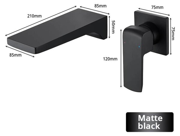 Miscelatore per lavabo – Montaggio a parete – Miscelatore monocomando – A scomparsa – Bocchetta quadrata – Acqua calda e fredda – Ottone – Nero opaco