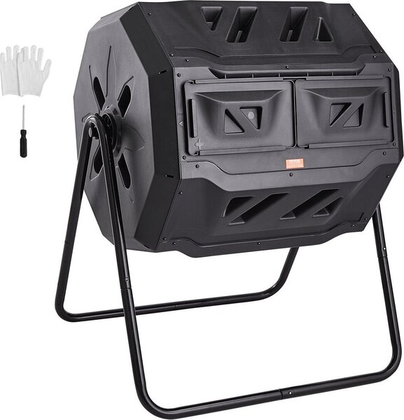 Contenitore per compost, bidone per compostaggio a doppia camera da 43 galloni, grande composter rotante con 2 porte scorrevoli e telaio in acciaio, bidone per compostaggio senza BPA per giardino, cucina, cortile, esterni