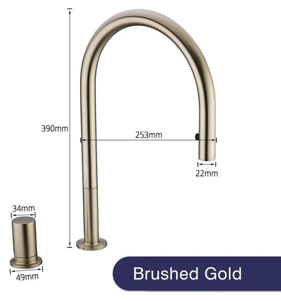 Miscelatore per lavello da cucina, estraibile, con due fori - Miscelatore monocomando - Realizzato in ottone massiccio - Acqua calda e fredda - Inossidabile - Finitura dorata spazzolata