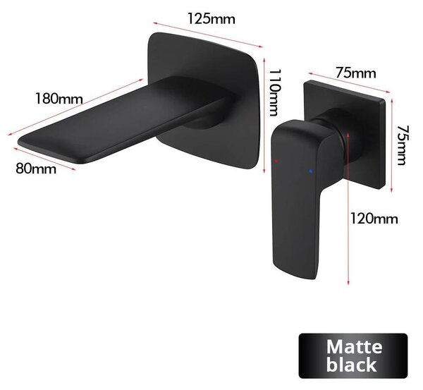 Miscelatore per lavabo – Montaggio a parete – Miscelatore per lavabo – Acqua calda e fredda – Miscelatore monocomando – Installazione a due fori nascosti – Bocchetta quadrata – Ottone – Nero opaco