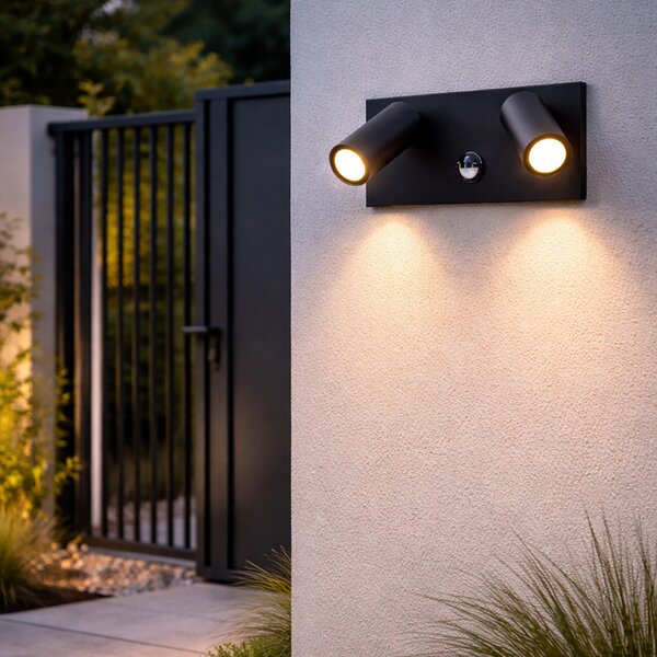 Lampada da parete per esterni nera con LED 2 luci sensore di movimento - Simon