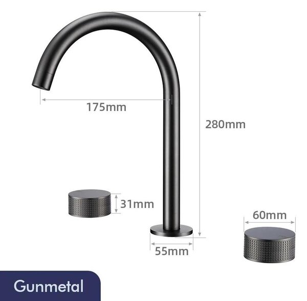 Miscelatore per lavabo da bagno - 1733GM-3PCS - Miscelatore a 3 fori - Bocchetta girevole a 360° - Due manopole per acqua calda/fredda - Montaggio su lavabo a distanza - Acciaio inossidabile spazzolato - Attacco G3/8