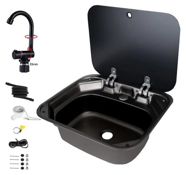 Lavello per camper SC002 - 50x43 cm - acciaio inossidabile 304 - coperchio in vetro temperato - rubinetto pieghevole per acqua calda/fredda - tappetino isolante acustico - colore nero