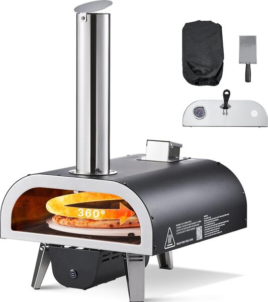 Forno per pizza da esterno - Forno per pizza a pellet - Ø 30,5 cm - Con termometro - Funzione di rotazione elettrica - Portatile - Cottura a legna - Pietra per pizza, borsa di trasporto e pala