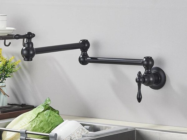 Rubinetto per cucina – Miscelatore a parete per riempimento pentole – Bocchetta pieghevole – Braccio girevole – Installazione a foro singolo – Solo acqua fredda – Ottone spazzolato – Nero opaco