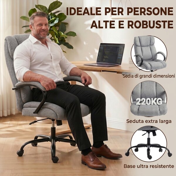 Vinsetto Sedia Ufficio Ergonomica in Tessuto Effetto Lino, Portata 220kg, Girevole, Altezza Regolabile, Grigio Chiaro | Aosom Italy