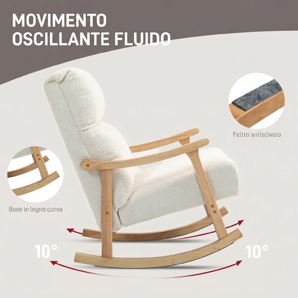 HOMCOM Sedia a Dondolo in Velluto Teddy Imbottita, Schienale Ergonomico, Gambe in Legno di Caucciù, Crema | Aosom Italy
