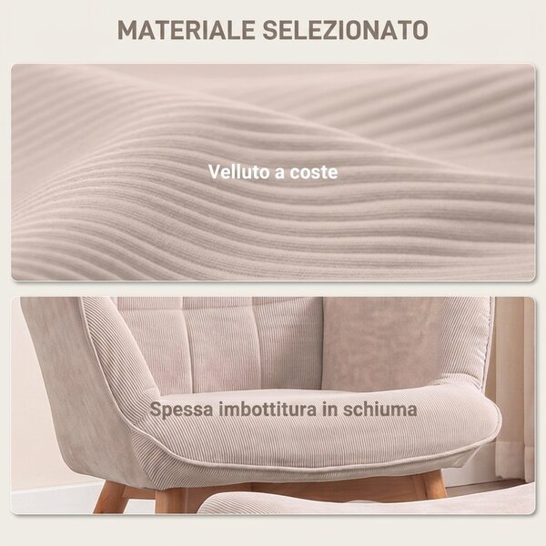 HOMCOM Poltrona Relax con Pouf Poggiapiedi in Velluto a Costine con Schienale Alto e Braccioli, Beige