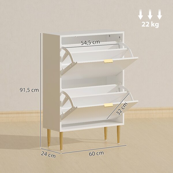 HOMCOM Scarpiera Slim per 12 Paia di Scarpe con 2 Cassetti a Ribalta e Ripiani Regolabili, 60x24x91.5 cm, Bianco | Aosom Italy