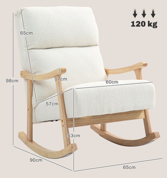 HOMCOM Sedia a Dondolo in Velluto Teddy Imbottita, Schienale Ergonomico, Gambe in Legno di Caucciù, Crema | Aosom Italy