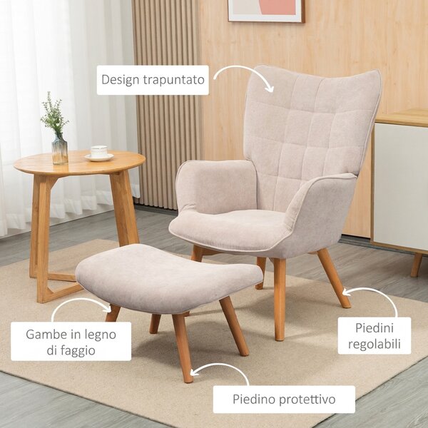 HOMCOM Poltrona Relax con Pouf Poggiapiedi in Velluto a Costine con Schienale Alto e Braccioli, Beige