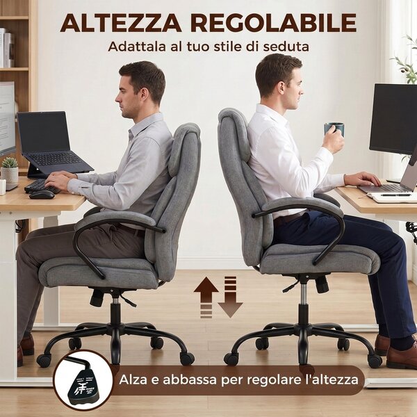 Vinsetto Sedia Ufficio Ergonomica in Tessuto Effetto Lino, Portata 220kg, Girevole, Altezza Regolabile, Grigio Chiaro | Aosom Italy