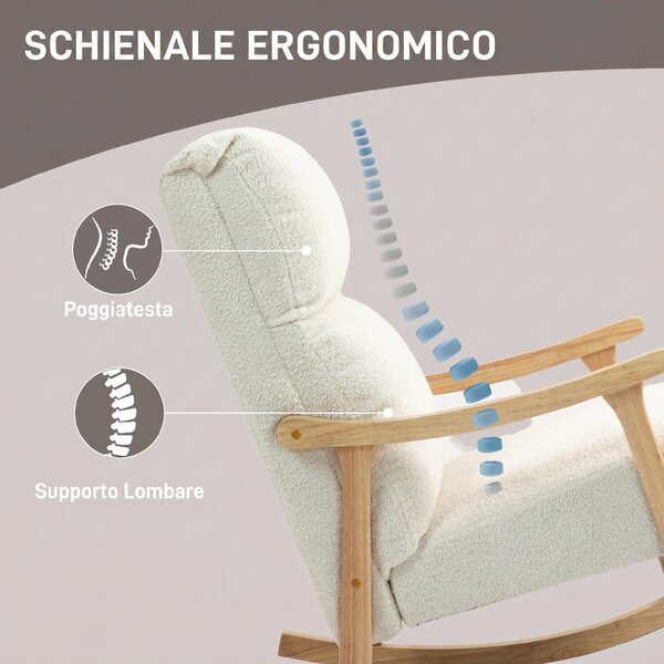 HOMCOM Sedia a Dondolo in Velluto Teddy Imbottita, Schienale Ergonomico, Gambe in Legno di Caucciù, Crema | Aosom Italy