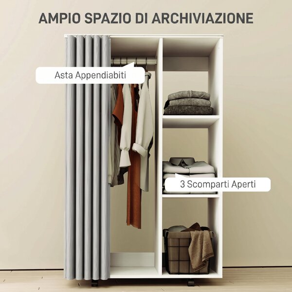 HOMCOM Stand Appendiabiti con 4 Ruote, Ripiani Aperti, Asta per Vestiti, Tende per Guardaroba, per Camera da Letto Soggiorno Corridoio, Bianco | Aosom Italy