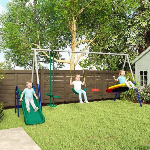 AIYAPLAY Altalena a Portico per Bambini 5 in 1 con Scivolo, 3 Altalene, Faccia a Faccia, Altezza Regolabile, 3-8 anni, Multicolore | Aosom Italy