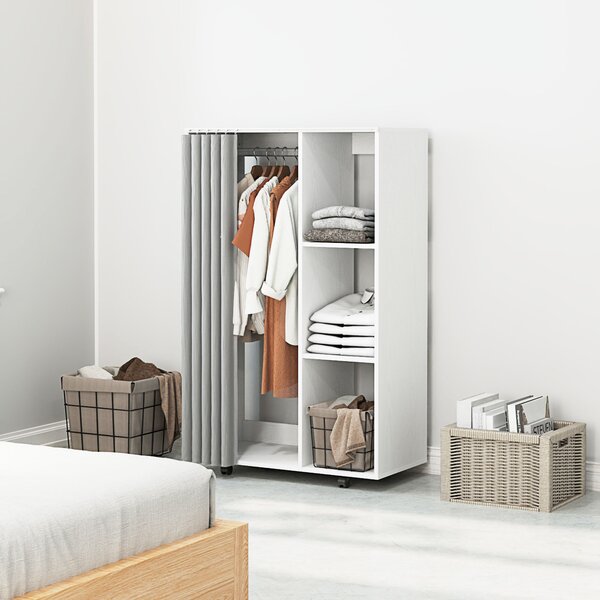 HOMCOM Stand Appendiabiti con 4 Ruote, Ripiani Aperti, Asta per Vestiti, Tende per Guardaroba, per Camera da Letto Soggiorno Corridoio, Bianco | Aosom Italy