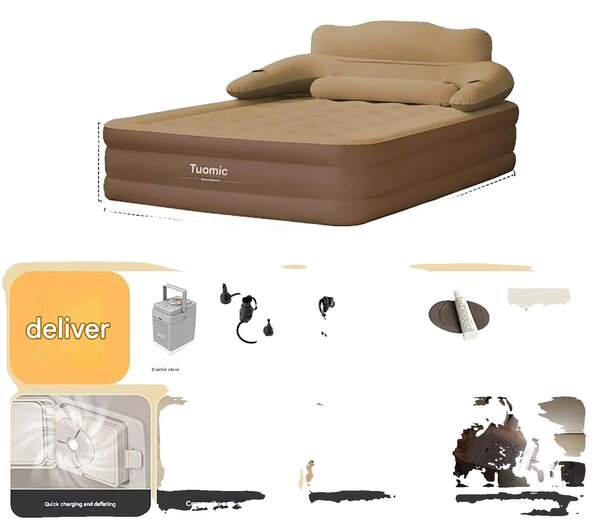 Materasso gonfiabile, pompa integrata, design compatto, marrone, 152 cm x 203 cm x 48 cm - a