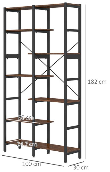 HOMCOM Libreria Scaffale con 6 Ripiani, Piedini Antiscivolo Regolabili, in Legno, Telaio in Metallo, Nero e Marrone, 100x30x182cm | Aosom