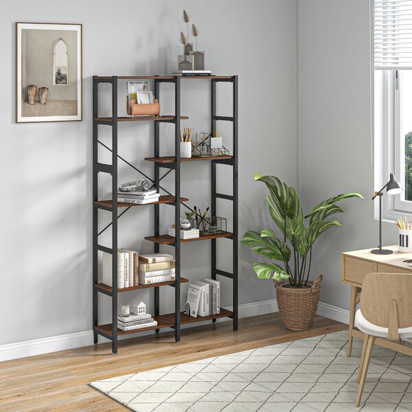 HOMCOM Libreria Scaffale con 6 Ripiani, Piedini Antiscivolo Regolabili, in Legno, Telaio in Metallo, Nero e Marrone, 100x30x182cm | Aosom