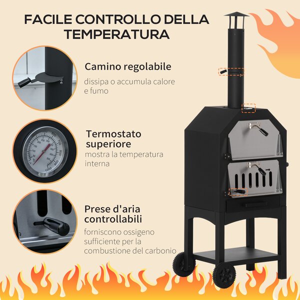Outsunny Forno per Pizza Barbecue a Carbonella, BBQ da Esterni/Giardino in Acciaio Inox con Termometro, 50x36x160cm|Aosom