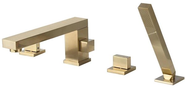 Miscelatore per vasca da bagno - Miscelatore a 4 fori con doccetta manuale - Montaggio a filo pavimento - Due manopole per acqua calda/fredda - Ottone - Larghezza 20 cm - Finitura oro spazzolato